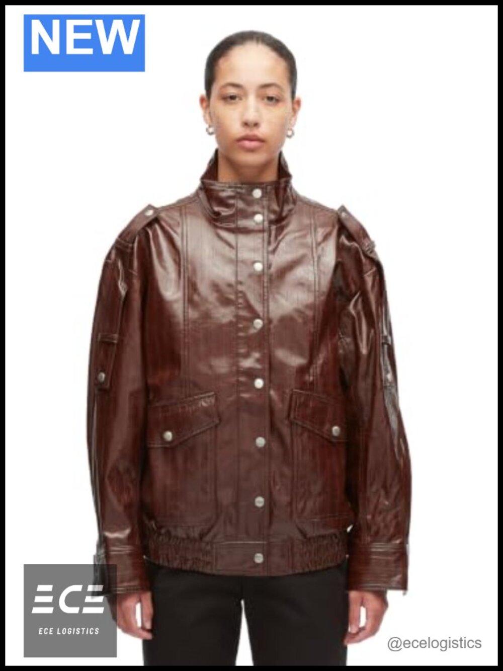 Faux Textured Leather Funnel-Neck Bomber Jacket Relaxed Fit Snap Zip